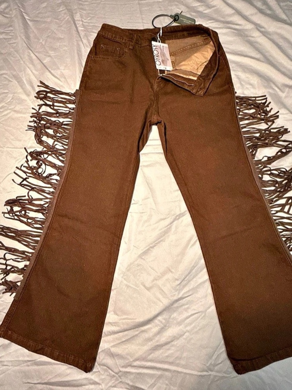 OYROSY Brown Fringe Flare Jeans NWT